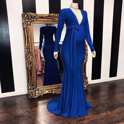 Elegant Long Sleeve Royal Blue Floor Length Baby Shower Prom Dresses，831