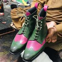 New Handmade Pure Pink & Green Leather Ankle Boots for Men's - Thumbnail 1