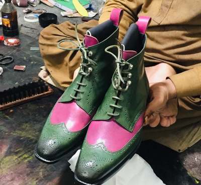New Handmade Pure Pink & Green Leather Ankle Boots for Men's