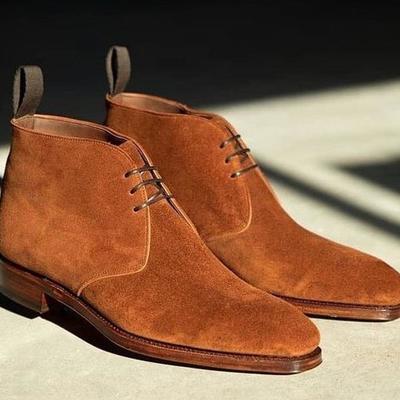 Brown suede leather chukka boots for men, stylish brown leather lace up casual dress shoes, men's shoes
