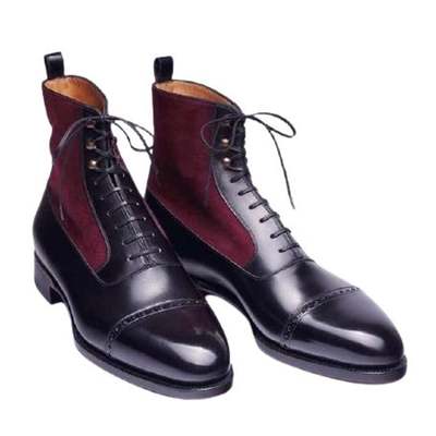 Handmade men black and burgundy cap toe brogue ankle high leather and suede shoes