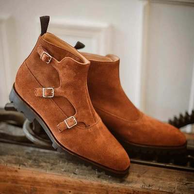 Brown suede boots ankle high triple monk buckle strap boots, handmade brown leather boots for men