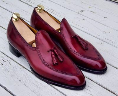 Mens shoes, burgundy red leather loafers and moccasin for men, tassels men, shoes men, slip on shoes, men loafer, red tassel loafers slip on