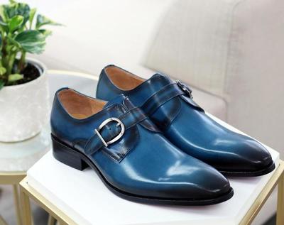 Luxury Blue Leather Buckle Strap Designer Shoes for Men, Handmade Leather Monk Strap Boots, Dress Shoes, Mens Shoes, Luxury Fashion