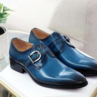 Luxury Blue Leather Buckle Strap Designer Shoes for Men, Handmade Leather Monk Strap Boots, Dress Shoes, Mens Shoes, Luxury Fashion - Thumbnail 4
