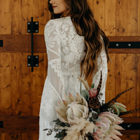 Bohemian A Line V Neck Long Sleeves Lace Chiffon Beach Wedding Dresses, Spring Bridal Dresses - Thumbnail 2