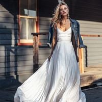 Simple A-Line V Neck Satin Wedding Dresses - Thumbnail 1