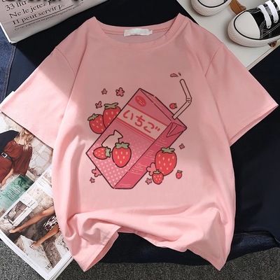 Cute pink strawberry juice box graphic cartoon print loose short sleeve short t-shirt top casual e-girl kawaii korean japanese harajuku streetwear - Thumbnail 4
