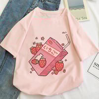 Cute Pink Strawberry Juice Box Graphic Cartoon Print Loose Short Sleeve Short T-shirt Top Casual E-Girl Kawaii Korean Japanese Harajuku Streetwear - Thumbnail 3