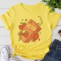 Cute Pink Strawberry Juice Box Graphic Cartoon Print Loose Short Sleeve Short T-shirt Top Casual E-Girl Kawaii Korean Japanese Harajuku Streetwear - Thumbnail 5