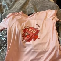 Cute Pink Strawberry Juice Box Graphic Cartoon Print Loose Short Sleeve Short T-shirt Top Casual E-Girl Kawaii Korean Japanese Harajuku Streetwear - Thumbnail 8