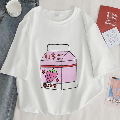 Cute Pink Peach Milk Carton Box Graphic Cartoon Print Loose Short Sleeve Short T-shirt Top Casual E-Girl Kawaii Korean Japanese Harajuku Streetwear