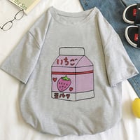 Cute Pink Peach Milk Carton Box Graphic Cartoon Print Loose Short Sleeve Short T-shirt Top Casual E-Girl Kawaii Korean Japanese Harajuku Streetwear - Thumbnail 3