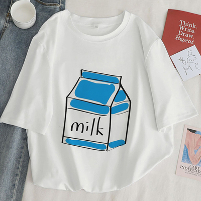 Cute Aesthetic Milk Carton Box Graphic Cartoon Print Loose Short Sleeve Short T-shirt Top Casual E-Girl Kawaii Korean Japanese Harajuku Streetwear