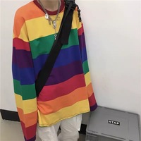 Colorful Rainbow Striped Oversize Loose Long Sleeve Shirt Top T-shirt O Neck Casual E-Girl Kawaii Korean Japanese Harajuku Streetwear - Thumbnail 2