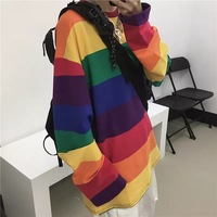 Colorful Rainbow Striped Oversize Loose Long Sleeve Shirt Top T-shirt O Neck Casual E-Girl Kawaii Korean Japanese Harajuku Streetwear - Thumbnail 3