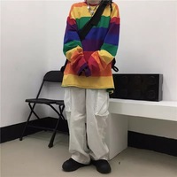 Colorful Rainbow Striped Oversize Loose Long Sleeve Shirt Top T-shirt O Neck Casual E-Girl Kawaii Korean Japanese Harajuku Streetwear - Thumbnail 4