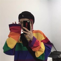 Colorful Rainbow Striped Oversize Loose Long Sleeve Shirt Top T-shirt O Neck Casual E-Girl Kawaii Korean Japanese Harajuku Streetwear - Thumbnail 5