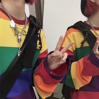 Colorful Rainbow Striped Oversize Loose Long Sleeve Shirt Top T-shirt O Neck Casual E-Girl Kawaii Korean Japanese Harajuku Streetwear - Thumbnail 6