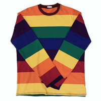 Colorful Rainbow Striped Oversize Loose Long Sleeve Shirt Top T-shirt O Neck Casual E-Girl Kawaii Korean Japanese Harajuku Streetwear - Thumbnail 7