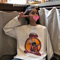 Cute White Music Band Cartoon Print Oversize Loose Long Sleeve Shirt Top T-shirt O Neck Casual E-Girl Kawaii Korean Japanese Harajuku Streetwear - Thumbnail 2