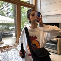 Cute White Music Band Cartoon Print Oversize Loose Long Sleeve Shirt Top T-shirt O Neck Casual E-Girl Kawaii Korean Japanese Harajuku Streetwear - Thumbnail 3