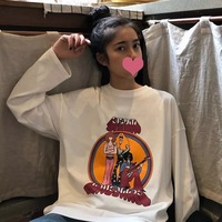 Cute White Music Band Cartoon Print Oversize Loose Long Sleeve Shirt Top T-shirt O Neck Casual E-Girl Kawaii Korean Japanese Harajuku Streetwear - Thumbnail 4