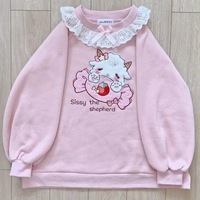 Pink Pastel Lamb Embroidery Lace Sweatshirt Sweater Long Sleeve Shirt Pullover Jumper E-Girl Kawaii Korean Japanese Harajuku Streetwear - Thumbnail 5
