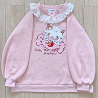 Pink Pastel Lamb Embroidery Lace Sweatshirt Sweater Long Sleeve Shirt Pullover Jumper E-Girl Kawaii Korean Japanese Harajuku Streetwear - Thumbnail 6