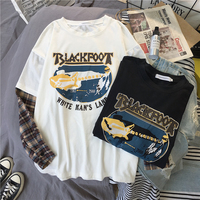 Black White Plaid Patchwork Print Loose Casual Sweatshirt Sweater Long Sleeve Shirt Pullover Jumper E-Girl Kawaii Korean Japanese Harajuku Streetwear - Thumbnail 2