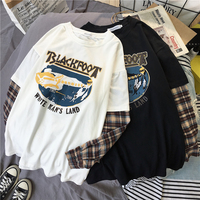 Black White Plaid Patchwork Print Loose Casual Sweatshirt Sweater Long Sleeve Shirt Pullover Jumper E-Girl Kawaii Korean Japanese Harajuku Streetwear - Thumbnail 6