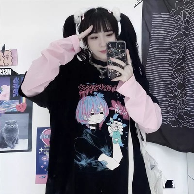 Goth anime girl cartoon print loose casual sweatshirt sweater long sleeve shirt pullover jumper e-girl kawaii korean japanese harajuku streetwear - Thumbnail 4