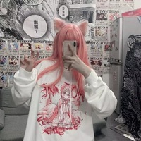 Pastel Pink Anime Girl Cartoon Loose Casual Hoodie Sweatshirt Sweater Long Sleeve Pullover Jumper E-Girl Kawaii Korean Japanese Harajuku Streetwear - Thumbnail 2