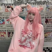 Pastel Pink Anime Girl Cartoon Loose Casual Hoodie Sweatshirt Sweater Long Sleeve Pullover Jumper E-Girl Kawaii Korean Japanese Harajuku Streetwear - Thumbnail 4