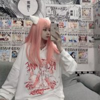 Pastel Pink Anime Girl Cartoon Loose Casual Hoodie Sweatshirt Sweater Long Sleeve Pullover Jumper E-Girl Kawaii Korean Japanese Harajuku Streetwear - Thumbnail 6