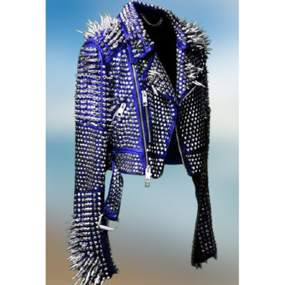 New women blue rock punk silver long spiked studded leather brando jacket