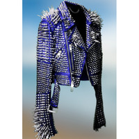 New Women Blue Rock Punk Silver Long Spiked Studded Leather Brando Jacket - Thumbnail 1