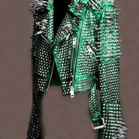 Women's Premium Quality Spiked Punk Leather Jacket Rockers Style - Thumbnail 1