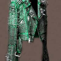 Women's Premium Quality Spiked Punk Leather Jacket Rockers Style - Thumbnail 4