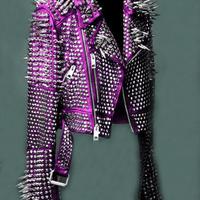 Women Purple Military Jacket. Purple Studded Leather Jacket, Women Spiked Steam Punk Jacket Gothic, Rockers Studded Jacket - Thumbnail 1