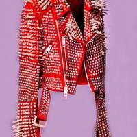 Women Red Spiked Jacket, Red Studded Leather Jacket, Women Spiked Steam Punk Jacket Gothic, Rockers Studded Jacket - Thumbnail 4