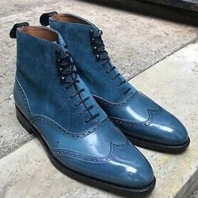 New handmade bluish suede & leather ankle boots for men's - Thumbnail 1