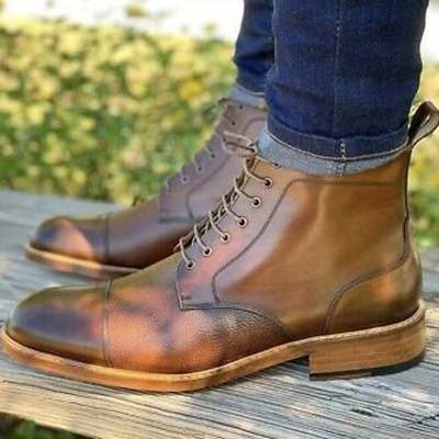 New handmade tan calf & genuine cow leather ankle boot for men's