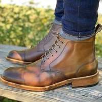 New Handmade Tan Calf & Genuine Cow Leather Ankle Boot for Men's - Thumbnail 4