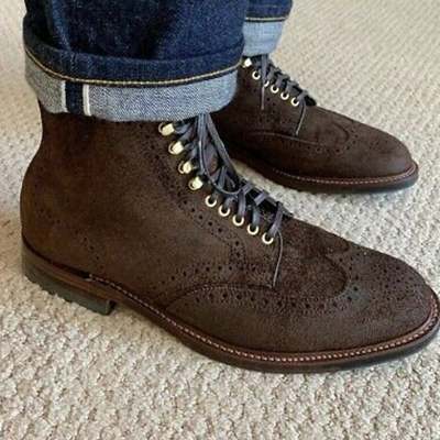 New handmade dark brown suede leather ankle boots for men's - Thumbnail 2