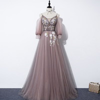 Cute v neck tulle long A line prom dress evening dress - Thumbnail 1