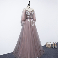 Cute v neck tulle long A line prom dress evening dress - Thumbnail 5