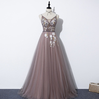 Cute v neck tulle long A line prom dress evening dress - Thumbnail 2