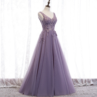 Purple v neck long A line prom dress lace evening dress - Thumbnail 1
