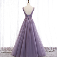 Purple v neck long A line prom dress lace evening dress - Thumbnail 2